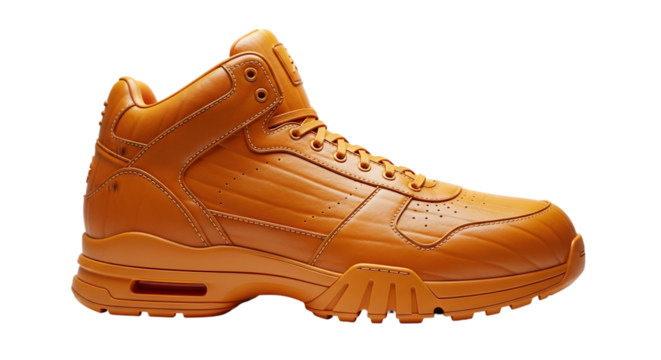 Vibrant orange high-top sneaker showcasing modern design and athletic style for fashion-forward individuals.