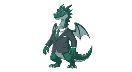 Obraz premium An anthropomorphic green dragon character dressed professionally in a formal business suit.
