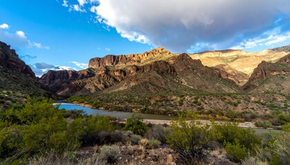 Scenic desert landscape with river and mountains