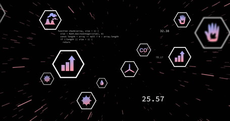 Hexagon with ascending bar chart gliding in data tunnel, with JavaScript snippet and numeric labels