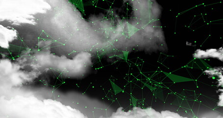 Connecting bright green nodes into triangular mesh in digital space, with gray cloud formations