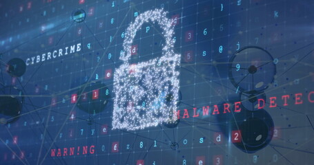 Displaying glowing padlock icon floating over virtual grid, with nodes and malware detection alert