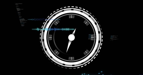 Displaying central circular gauge rotating in virtual dashboard, with blue waveform, code text
