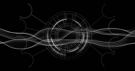 Concentric digital interface pulsing in void, with dotted waves, grid lines and arc connectors