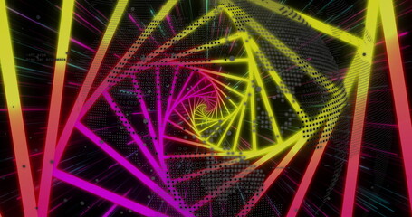 Twisting neon spiral of magenta yellow bars spinning in virtual void, with dot grids, binary digits