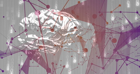 Floating 3D metallic brain model glowing in data space, with network graph and binary streams