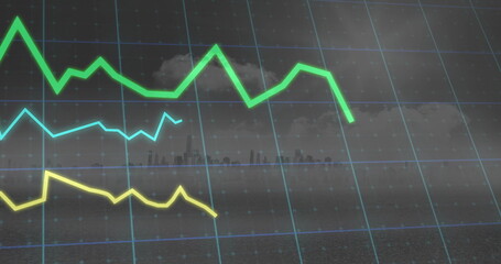 Displaying three colored line graphs fluctuating on blue grid overlay, with city skyline silhouette
