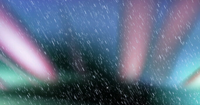 Simulating white rain streaks falling diagonally in digital background, with blurry colored lights - Powered by Adobe