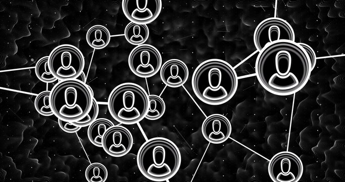 Connecting circular user profile icons by lines in digital network with particle dots and wavy grid - Powered by Adobe