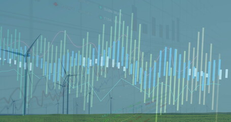 Showing wind turbines spinning on rural plain, with vertical bar charts and line graph overlays