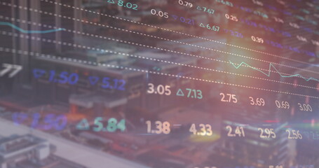 Stock chart overlay tracking market trends in dusk city scene, with tickers and up down arrows