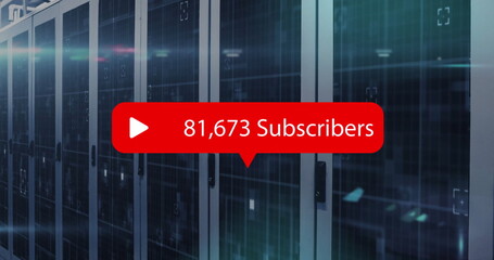 Displaying red subscriber count graphic floating in cold data center room, with server racks
