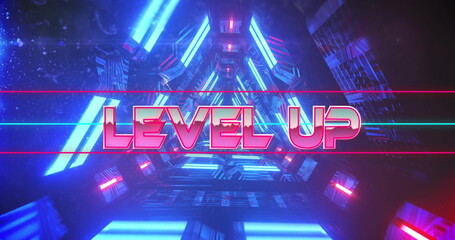 Drifting LEVEL UP text through neon-lit corridor, with panels, triangular modules and light bars