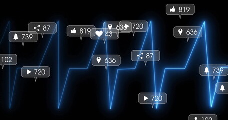 Pulsing neon-blue EKG-style waveform line traversing digital interface, with social media UI icons