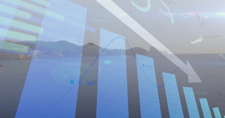 Displaying blue bar chart merging with downward arrow over coastal bay with numeric data labels