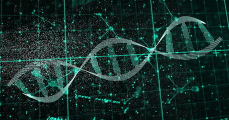 Floating DNA double helix rotating in digital environment, showing network nodes and data stream