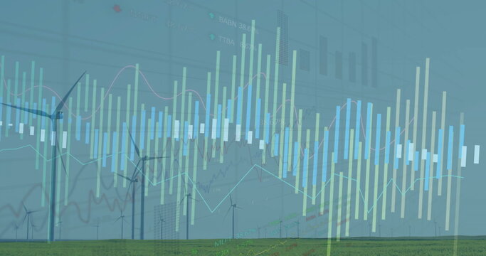 Showing wind turbines spinning on rural plain, with vertical bar charts and line graph overlays - Powered by Adobe