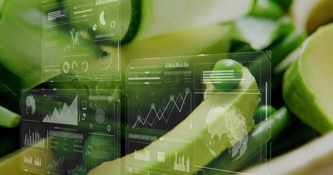 Displaying green bean slices in studio with interface panels showing data visuals and dashboards