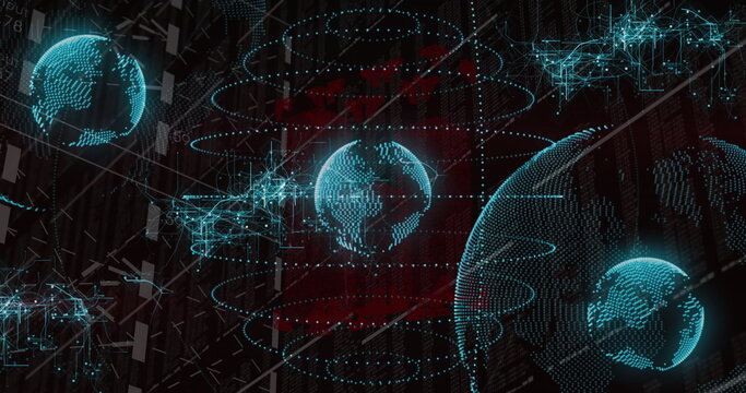 Naklejki Floating blue holographic Earth over red matrix with orbital rings and data nodes, copy space