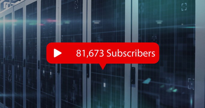 Displaying red subscriber count graphic floating in cold data center room, with server racks