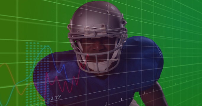 Standing football player wearing silver helmet and blue jersey in analytics panel, with line graphs