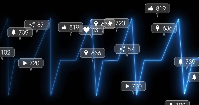 Pulsing neon-blue EKG-style waveform line traversing digital interface, with social media UI icons - Powered by Adobe