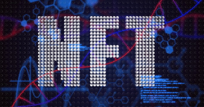 Displaying glowing dot-matrix NFT letters in digital grid, with light streaks, DNA strands and code - Powered by Adobe