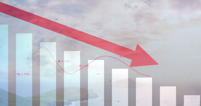 Displaying bar chart overlaying cloudy sea, with red descending arrow, curved line graph and labels
