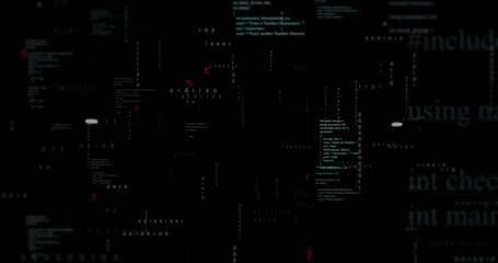 Displaying programming code snippets and binary digits on terminal display, with red error markers