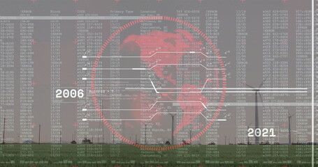 Displaying red digital globe floating above wind turbines, connecting error codes and year labels