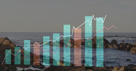 Translucent grid bars in teal-peach and line traces in white-pink occupying rocky coastal shore © vectorfusionart