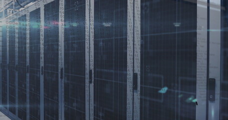 Revealing server cabinets housing blinking rack servers in data center, with futuristic overlay