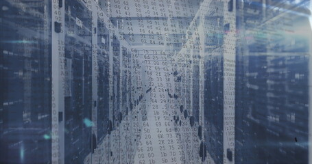 Shimmering central server corridor running through data center, with rack switches and data cables