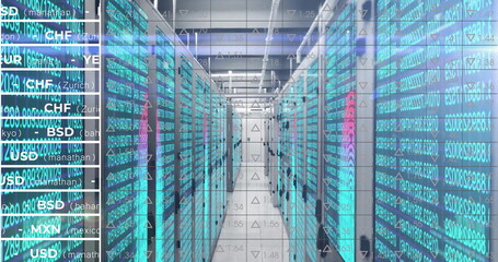 Showing aisle of server racks glowing turquoise LEDs in server corridor, financial data overlay