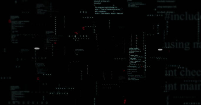 Displaying programming code snippets and binary digits on terminal display, with red error markers - Powered by Adobe