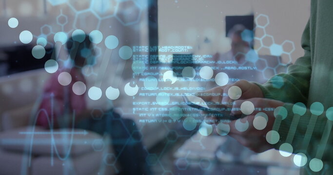 African American man holding phone showing DNA helix code or network overlays in lounge, copy space - Powered by Adobe