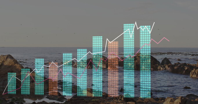 Fototapeta Translucent grid bars in teal-peach and line traces in white-pink occupying rocky coastal shore