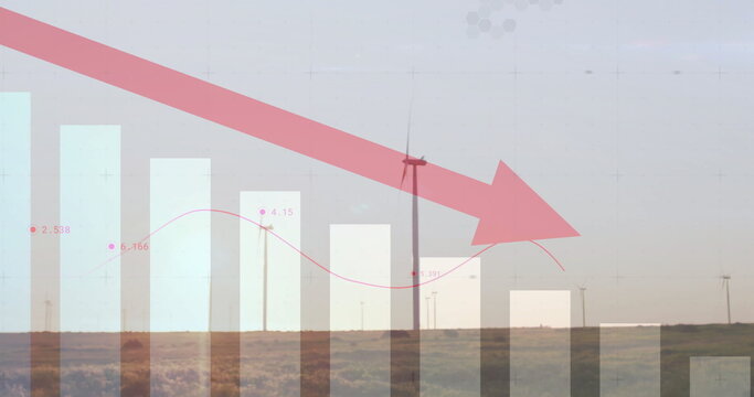 Displaying wind turbine rising on grassland, with bar and line charts and red arrow showing decline