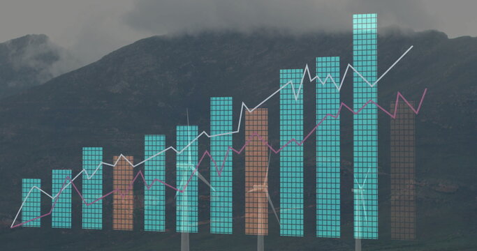 Data overlay displaying turquoise-brown bars and white-magenta lines over turbines at wind farm