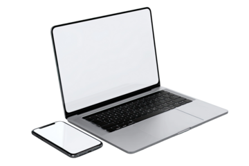 Laptop and smartphone, side view, blank screens
