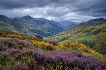 Scottish Highlands landscape with purple heather under a cloudy sky