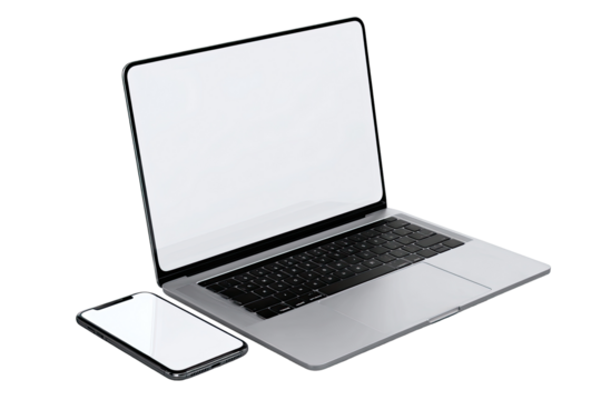 Laptop and smartphone, side view, blank screens