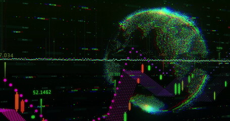 Showing stylized pixel-dot globe on right of financial dashboard, with candlestick bars, copy space