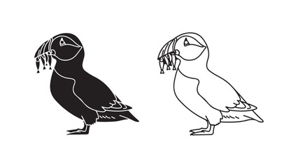 Puffin bird outline and silhouette with transparent background