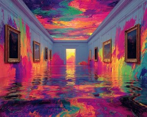 Obraz premium Colorful Flood Filled Gallery Hallway With Paintings And Golden Frames