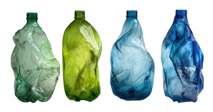 Crinkled plastic bottles of varying colors, displayed against a black background.  Each bottle is crumpled and distorted, highlighting the impact of waste