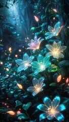 Shining and glowing flowers at night, beautiful nature landscape, vertical fantasy background
