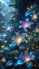 Shining and glowing flowers at night, beautiful nature landscape, vertical fantasy background