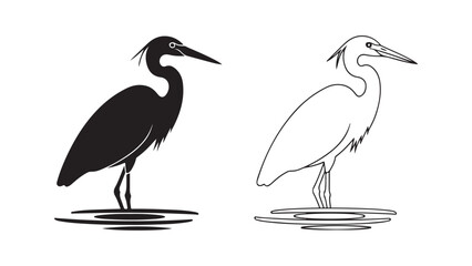 Heron bird silhouette and outline with transparent background