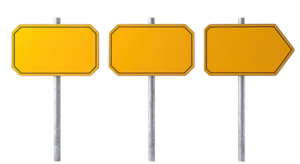 Three blank, octagonal, yellow directional signs on metal posts